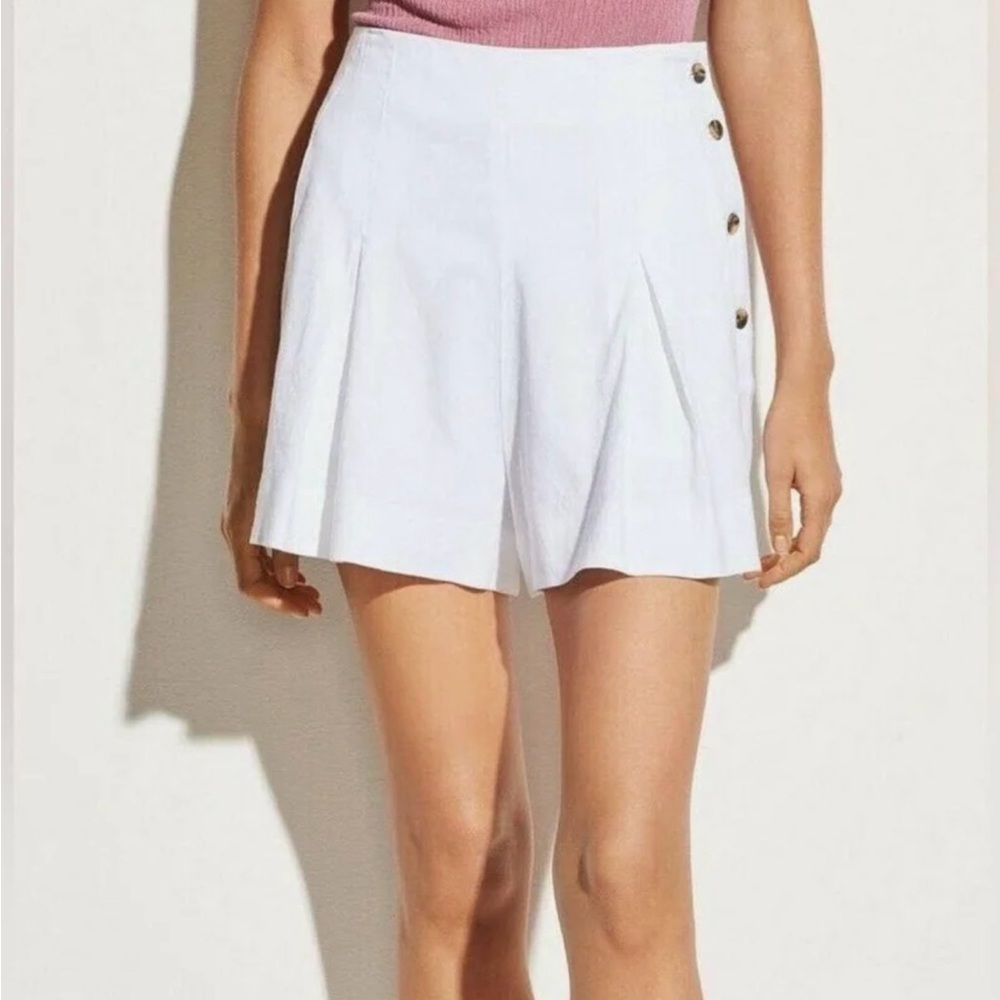 Vince White High-Waist Pleated Shorts with Side Buttons